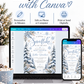Winter baby shower invitation with blue snowflakes, snow-covered evergreen trees, frosted foliage, and A Little Snowflake Is on the Way wording on white