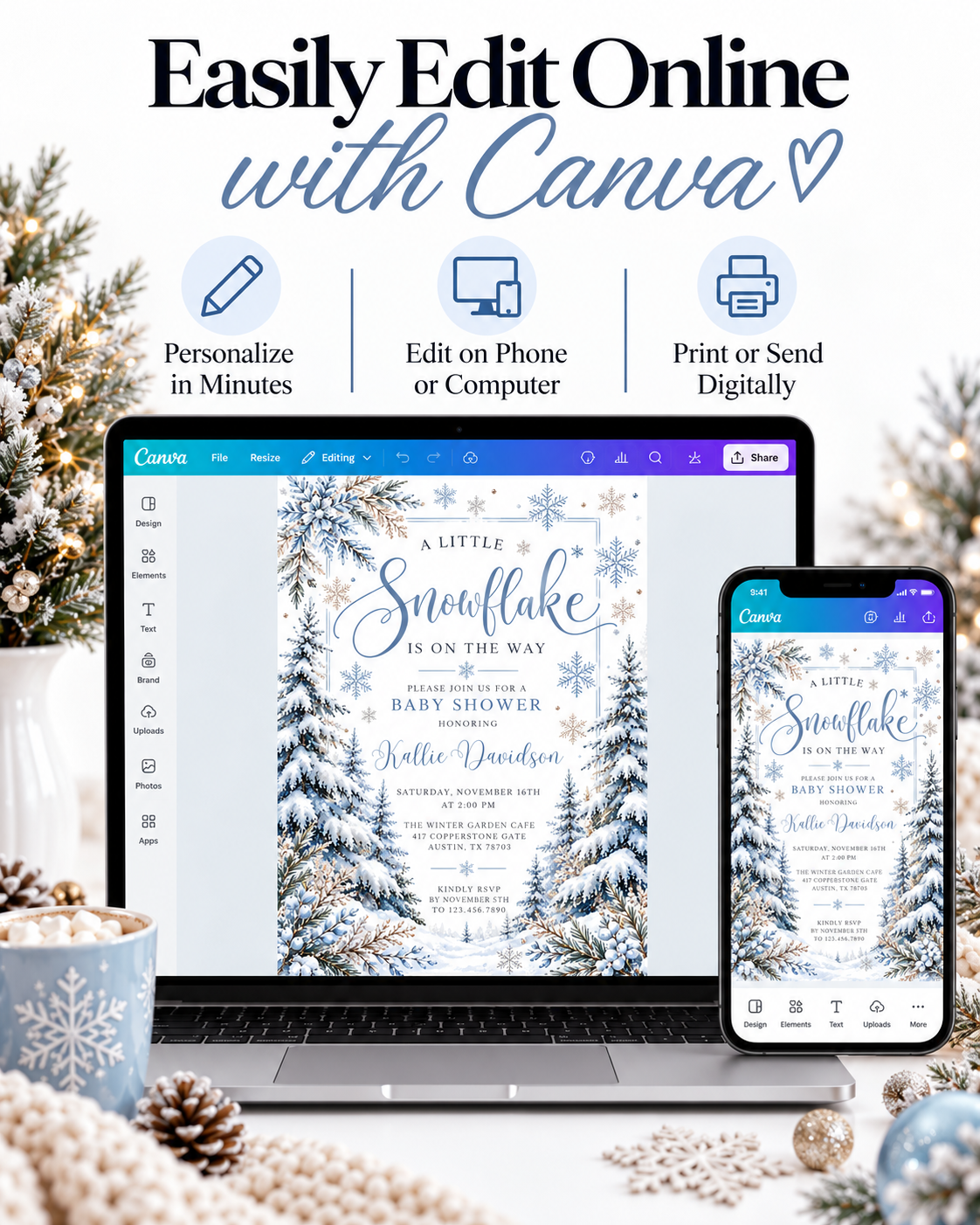 Winter baby shower invitation with blue snowflakes, snow-covered evergreen trees, frosted foliage, and A Little Snowflake Is on the Way wording on white