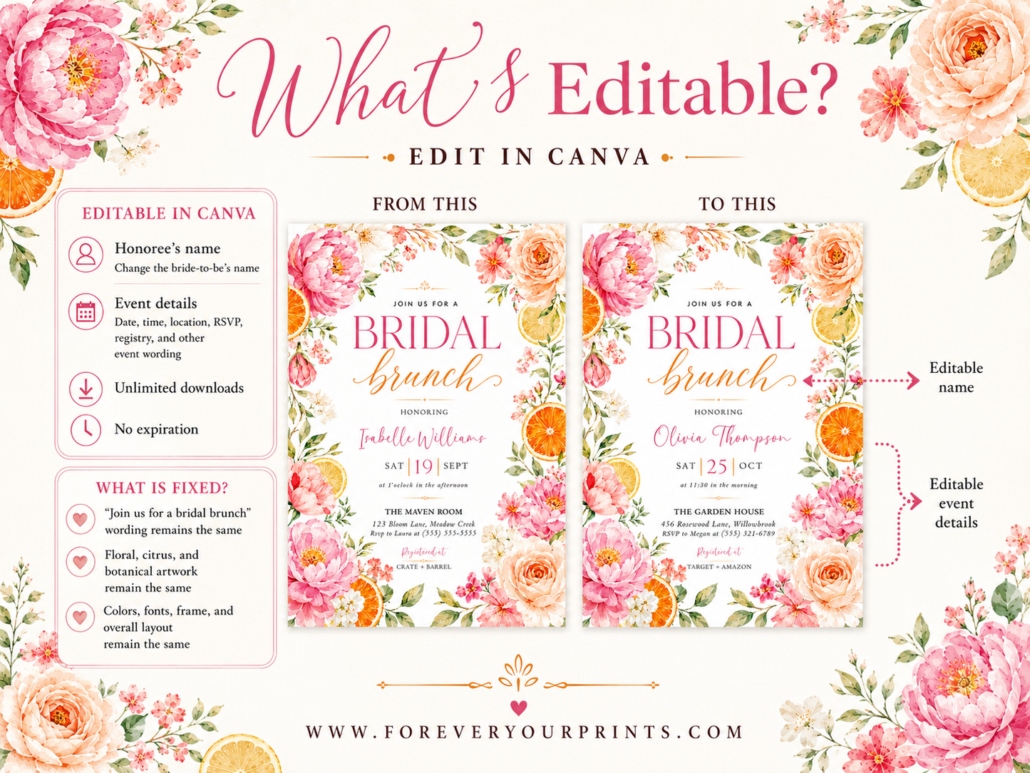 Editable citrus floral bridal brunch invitation Canva template with watercolour peonies, garden roses, cherry blossoms, and orange slices in pink, coral, and peach tones on a white background