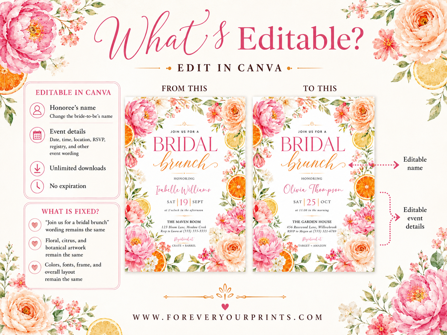 Editable citrus floral bridal brunch invitation Canva template with watercolour peonies, garden roses, cherry blossoms, and orange slices in pink, coral, and peach tones on a white background