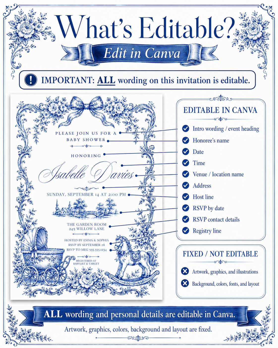 Blue toile baby shower invitation with royal blue floral border, bow, baby carriage, rocking horse, countryside scene, and elegant vintage details