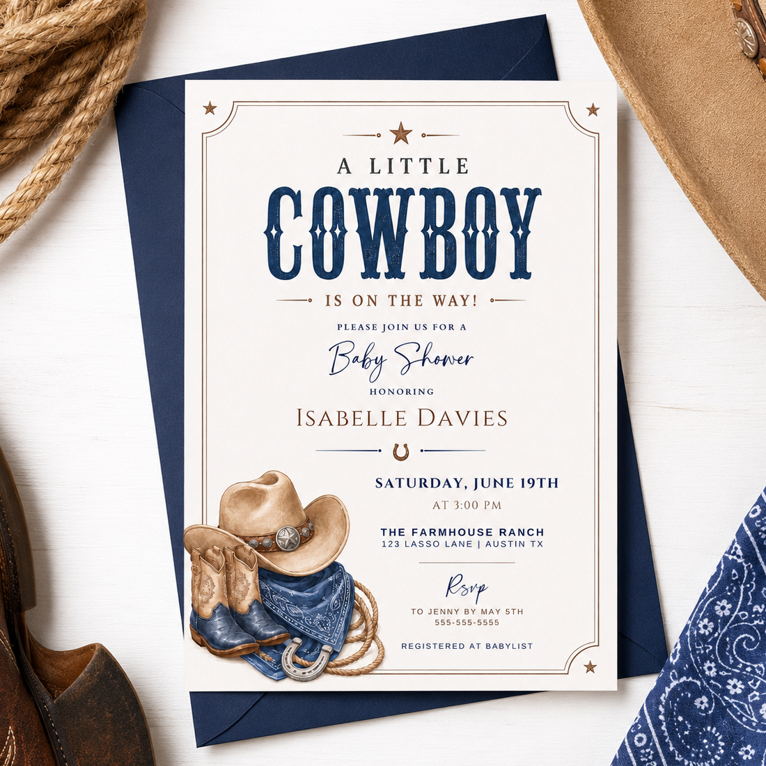Editable Western cowboy baby shower invitation Canva template with illustrated cowboy hat, denim boots, horseshoe, bandana, lasso rope, and bold navy distressed typography on a warm cream background with Western border
