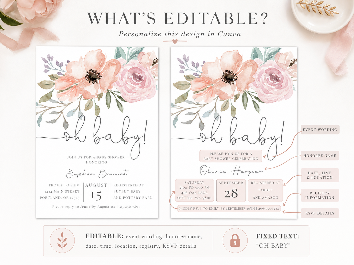 Oh baby floral baby shower invitation with watercolor blush and dusty rose flowers and greenery in soft pink and sage