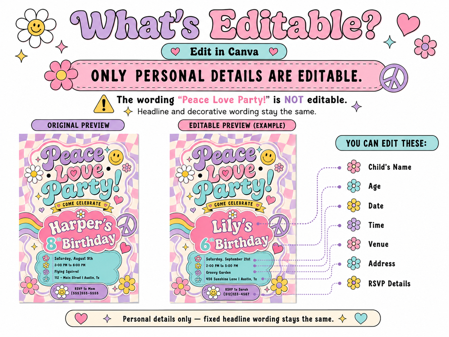 Peace love party birthday invitation with pastel checkerboard, rainbow waves, flowers, hearts, smiley faces, and peace sign retro details