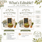 Homegrown baby shower welcome sign with a watering can, green apples, and baby overalls in sage green and neutral