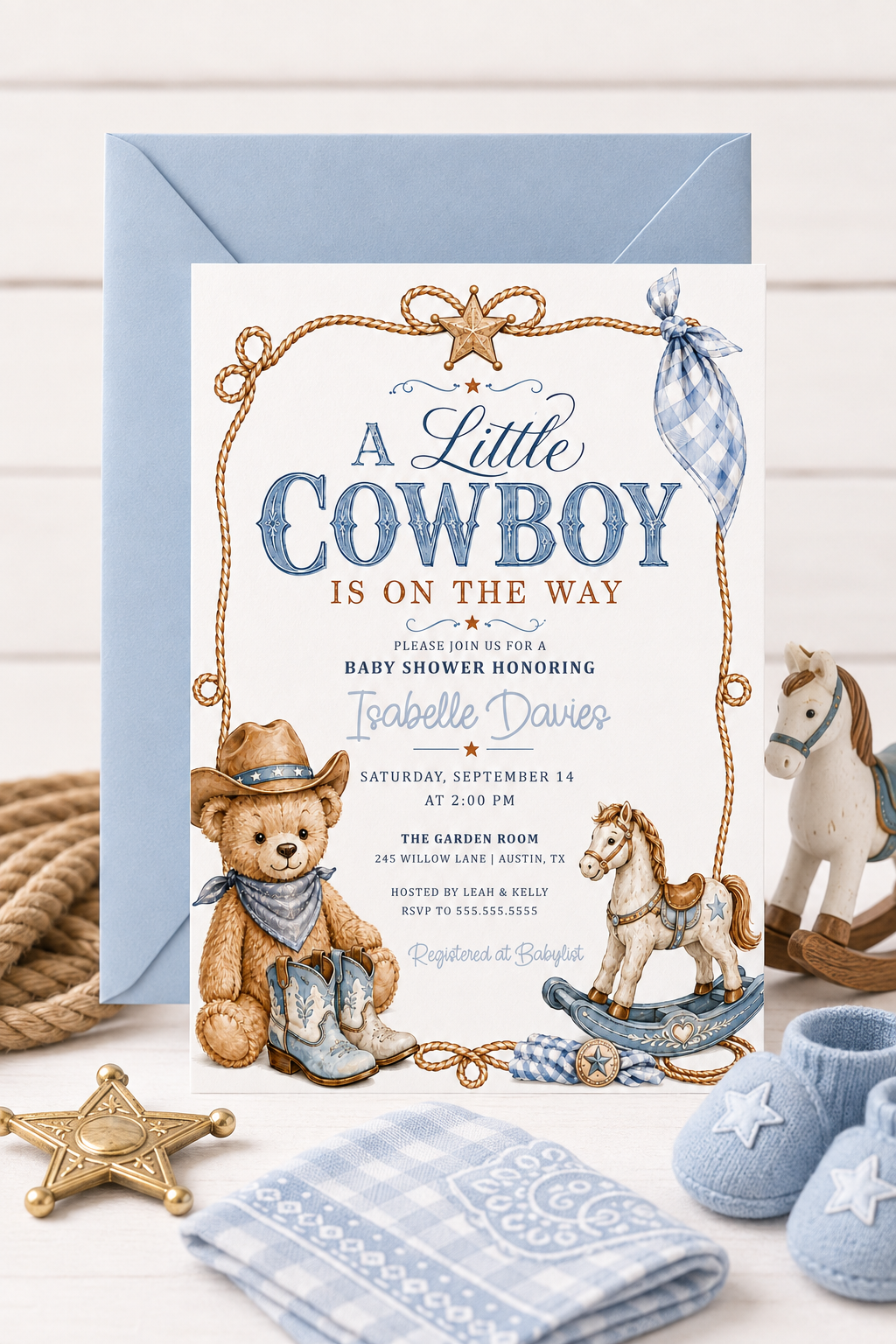 Little cowboy baby shower invitation with teddy bear cowboy, blue cowboy boots, rocking horse, rope border, sheriff star, gingham bandana, and western details