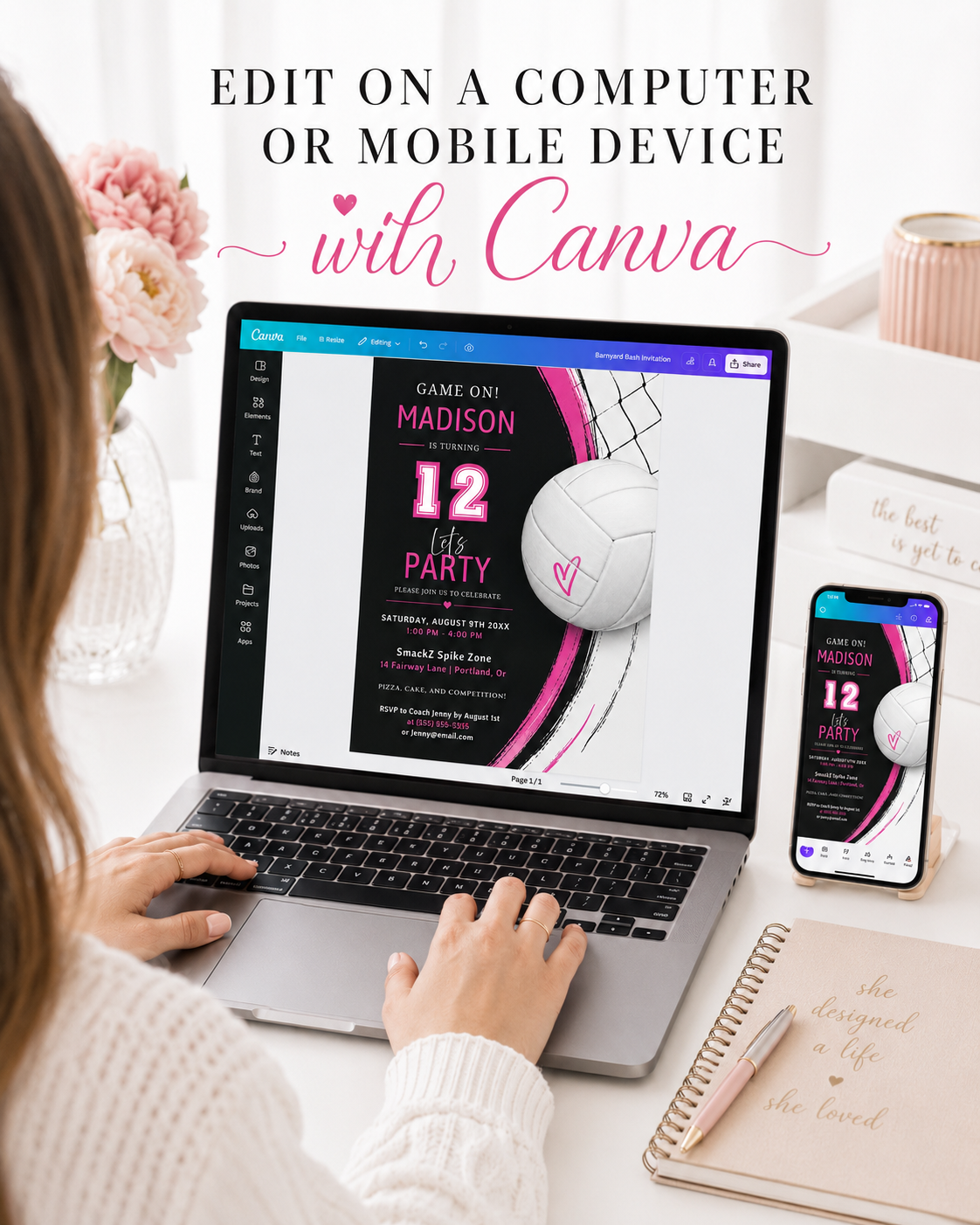 Volleyball girl birthday invitation with a volleyball and net in bold pink, black, and white