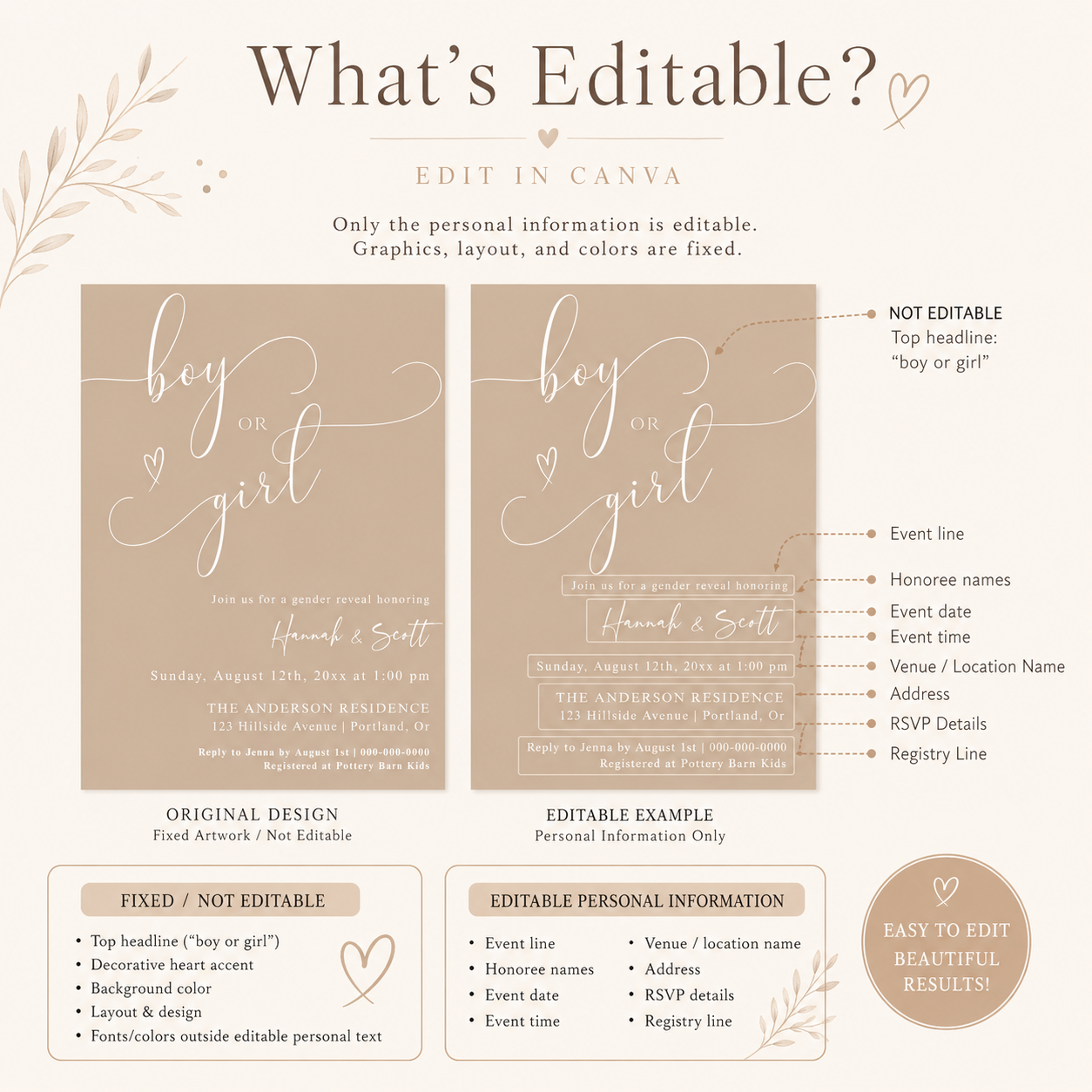 Boy or girl gender reveal invitation with elegant script lettering on a soft beige background