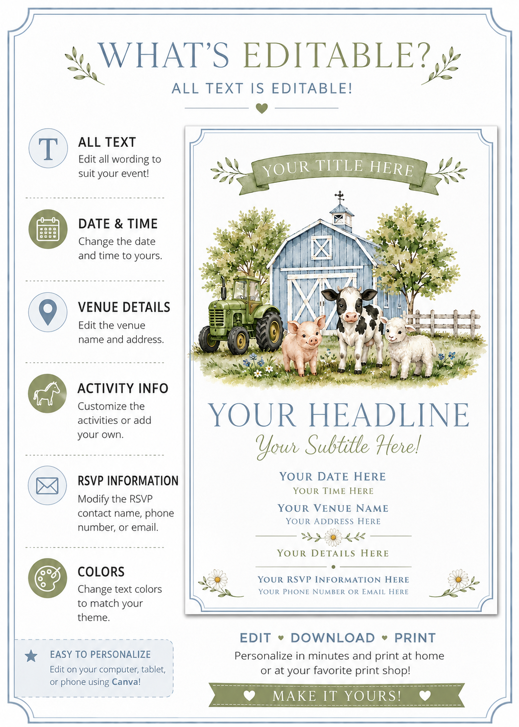 Our little farmer birthday invitation with a blue barn, green tractor, cow, pig, and lamb in soft blue and green