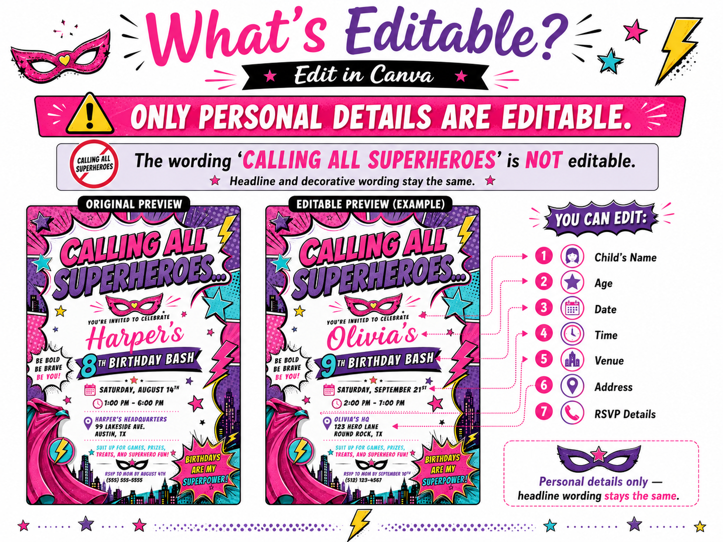 Girls superhero birthday invitation featuring a pink comic book design with cape, mask, city skyline, stars, lightning bolts and bold action graphics.
