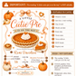 Cutie pie baby shower invitation with pumpkin pie, pumpkins, gingham bows, autumn leaves, mini pies, and cozy fall baby shower details