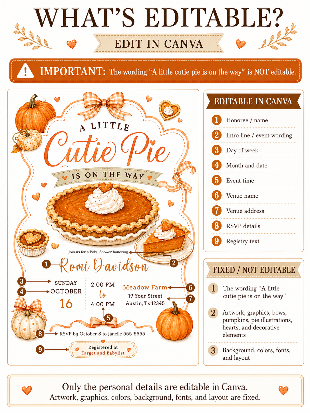 Cutie pie baby shower invitation with pumpkin pie, pumpkins, gingham bows, autumn leaves, mini pies, and cozy fall baby shower details