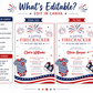 Editable firecracker baby shower invitation Canva template with illustrated fireworks, striped navy onesie, red and navy sneakers, stars and stripes banner, and bold patriotic typography on a white background