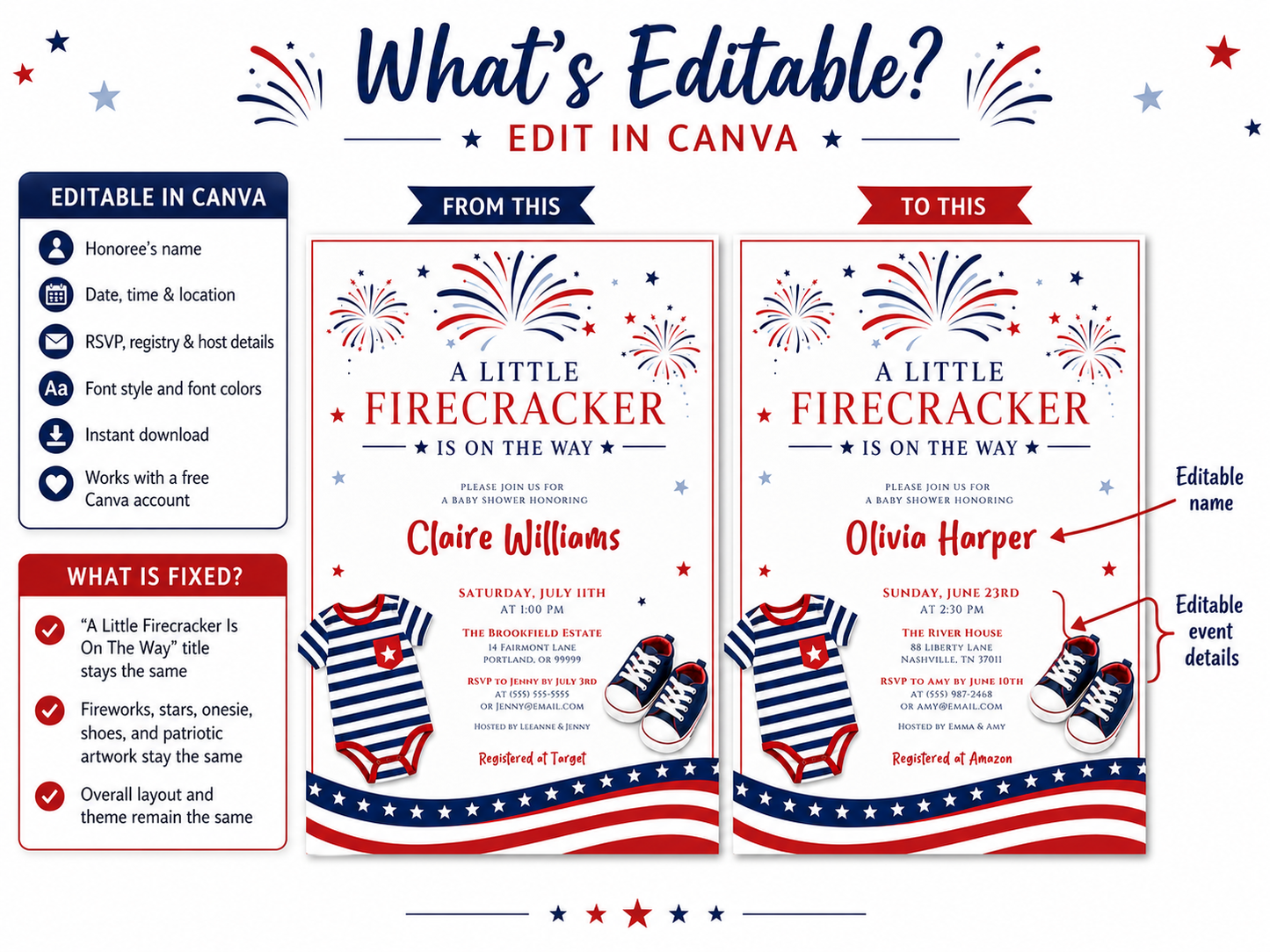 Editable firecracker baby shower invitation Canva template with illustrated fireworks, striped navy onesie, red and navy sneakers, stars and stripes banner, and bold patriotic typography on a white background