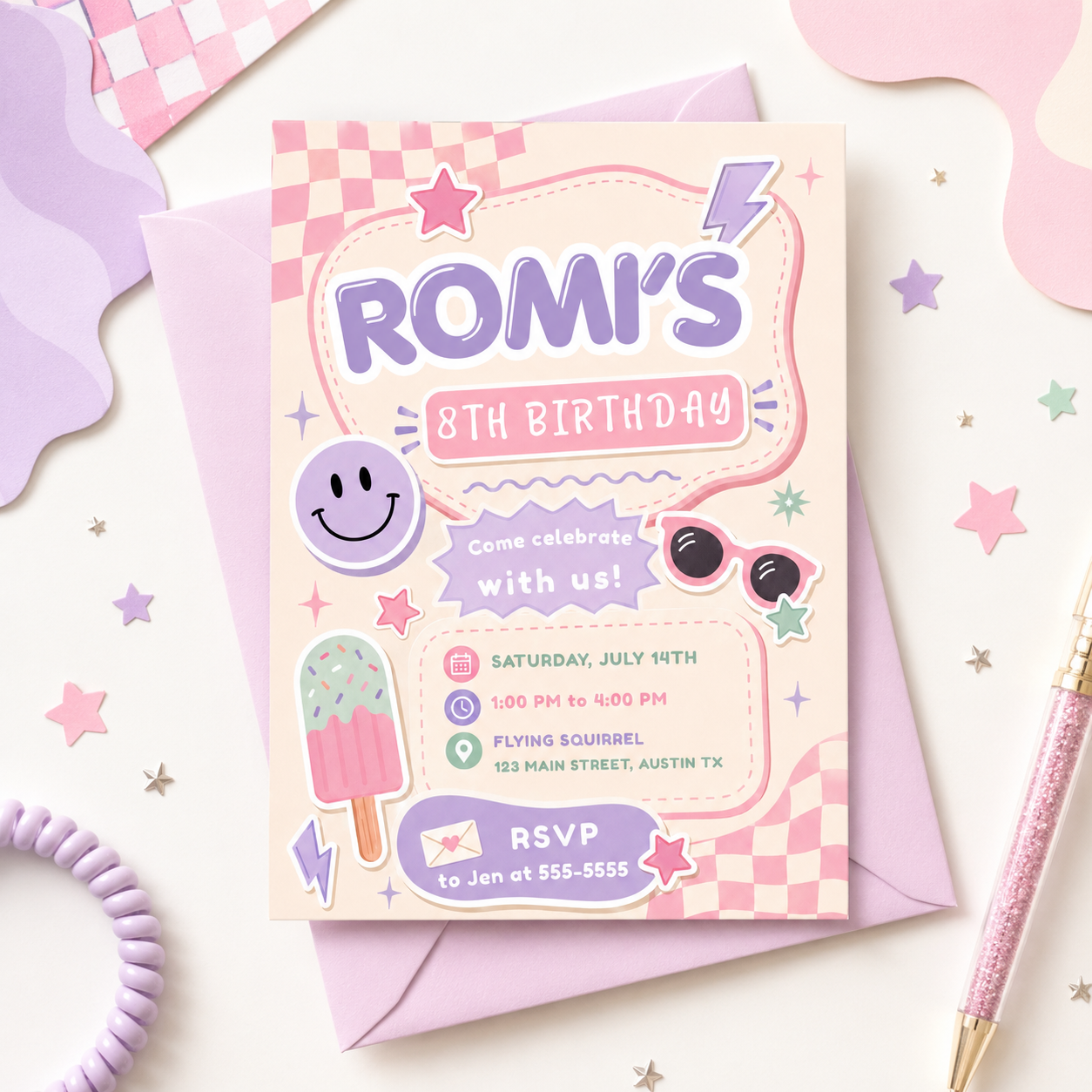Girls retro birthday invitation in pink, purple and mint featuring a smiley face, sunglasses, checkerboard patterns, stars, lightning bolts and a popsicle.
