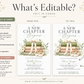Editable a new chapter baby shower invitation Canva template with stacked vintage hardcover books tied with cream bow, baby shoes, white ranunculus, baby's breath, and botanical greenery on a white background
