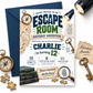 Escape room birthday invitation with vintage keys, compass, flashlight, treasure map clues, fingerprint magnifier, books, and puzzle pieces for a tween party