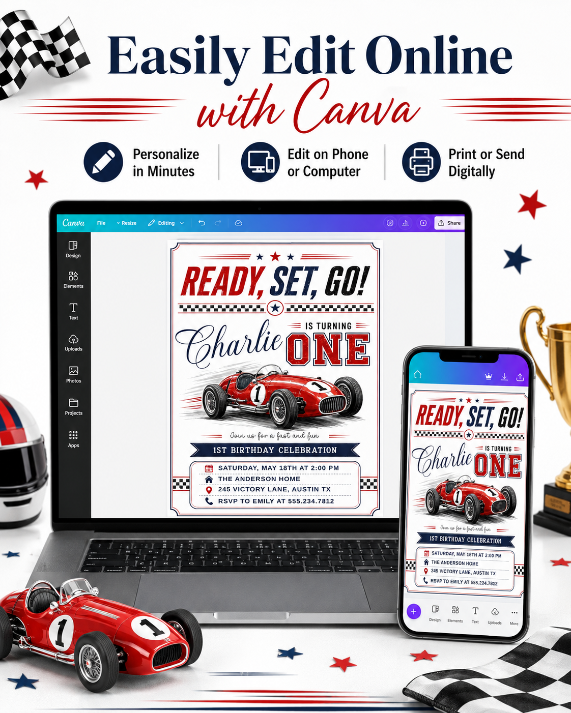Race car first birthday invitation with red vintage race car, checkered flags, varsity ONE lettering, racing stripes, stars, and bold boys 1st birthday details