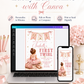 Dance first birthday invitation with little ballerina in pink tutu, ballet slippers, dance bag, bows, gold stars, ONE banner, and soft blush details