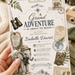 Grand adventure baby shower invitation with safari elephant, binoculars, compass, expedition tags, postage stamp, globe, mountains, greenery, and vintage explorer details