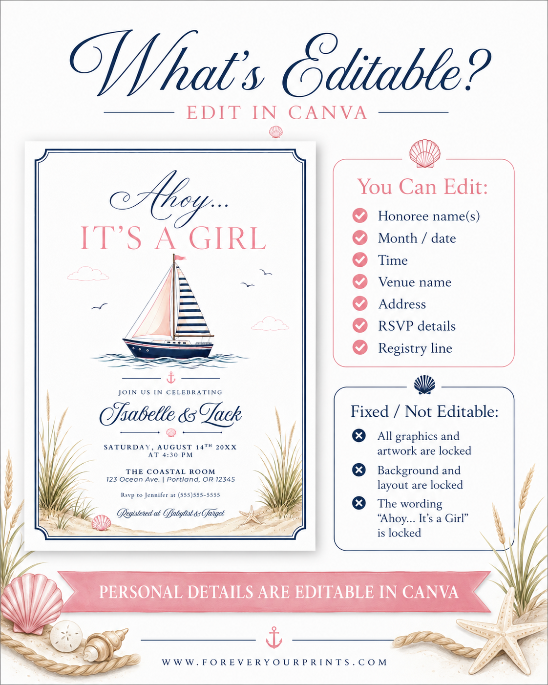 Nautical girl baby shower invitation with a sailboat, seashells, and beach grass in navy and blush pink