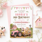 Girls farm birthday invitation featuring a pink tractor, pink barn, wagon, cow, pig, pony, chick and floral bunting.