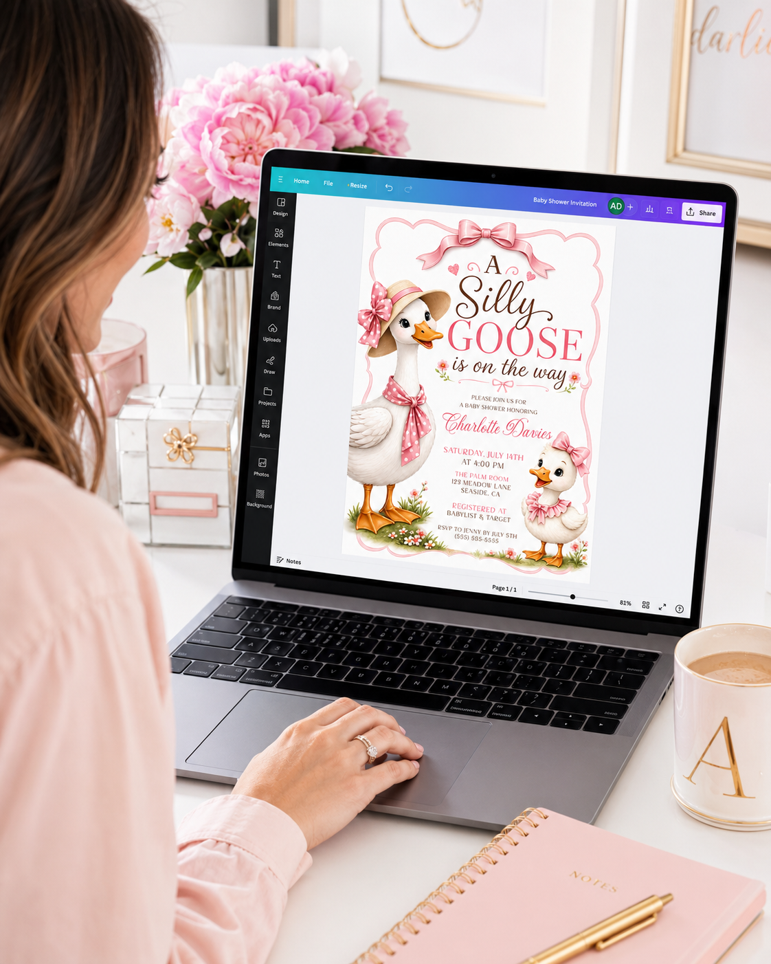 Editable silly goose baby shower invitation Canva template with illustrated mama goose in straw hat and polka dot bow, baby gosling with pink ruffle bow, wildflowers, and satin pink bow frame on a white background