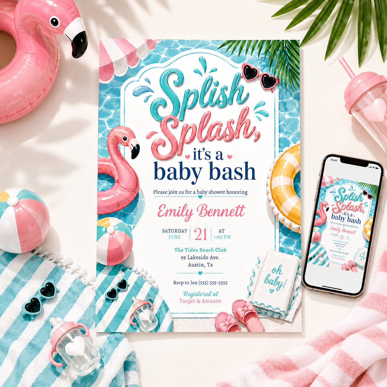 Pool party baby shower invitation with a flamingo float, beach ball, and pink umbrella in pink and aqua