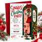 Singles Christmas party invitation with a green doorway, hanging mistletoe and disco ball, a couple’s legs in red heels and black dress shoes, and festive red bows