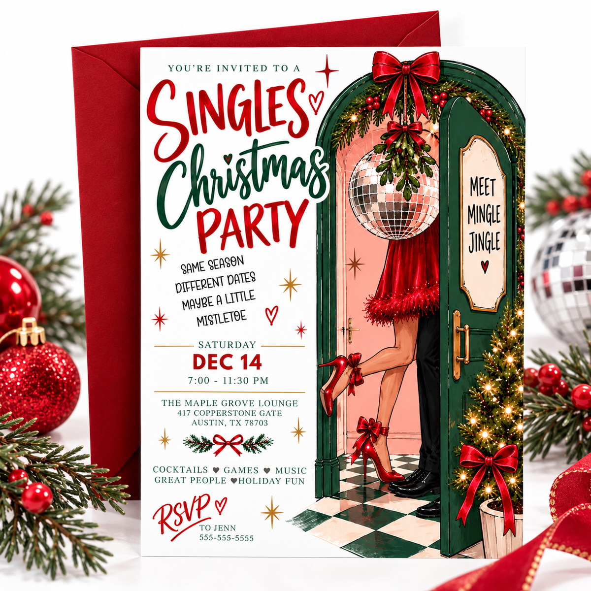 Singles Christmas party invitation with a green doorway, hanging mistletoe and disco ball, a couple’s legs in red heels and black dress shoes, and festive red bows