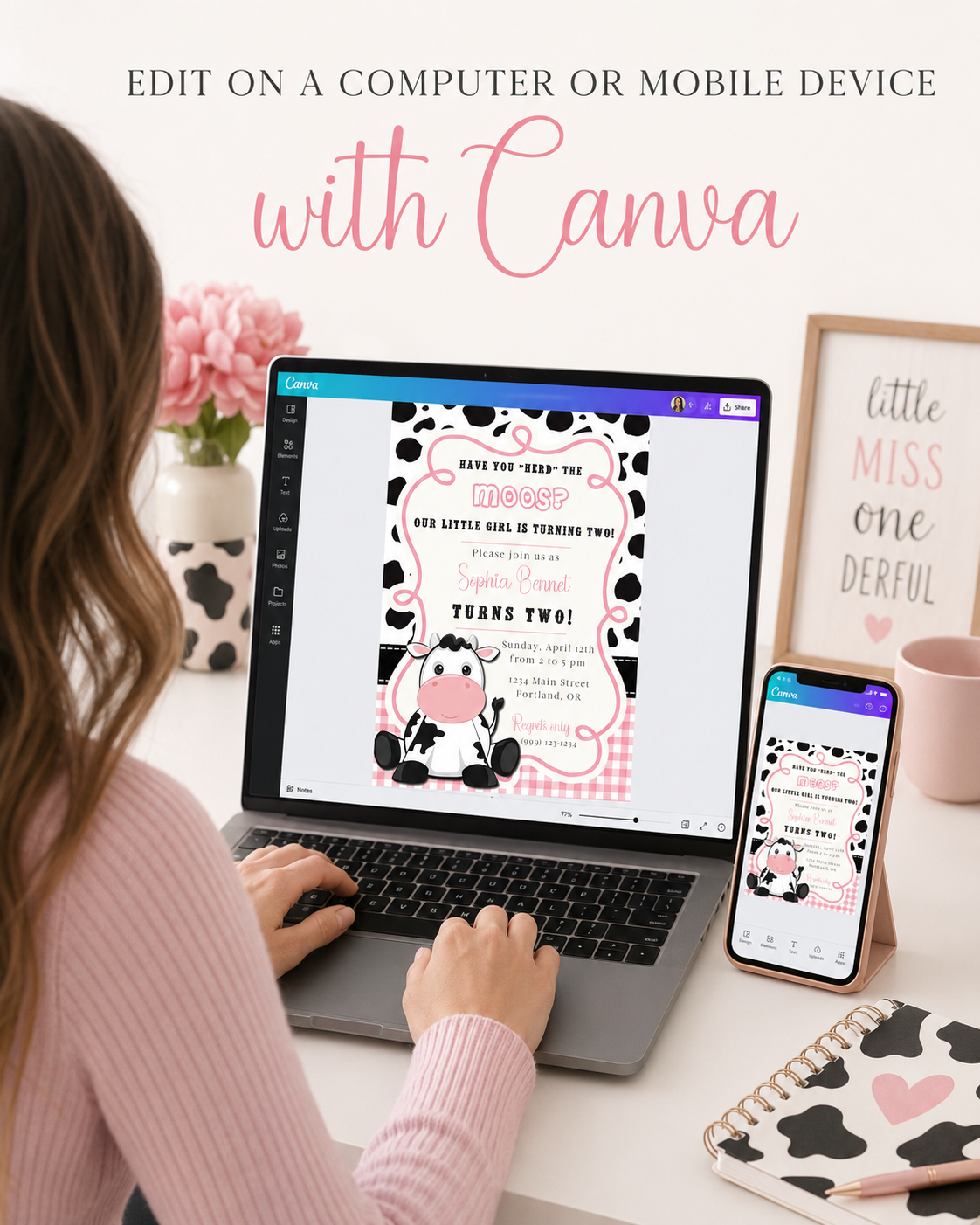 Cow print girl birthday invitation with a cartoon cow, cow spots, and pink gingham in black, white, and pink