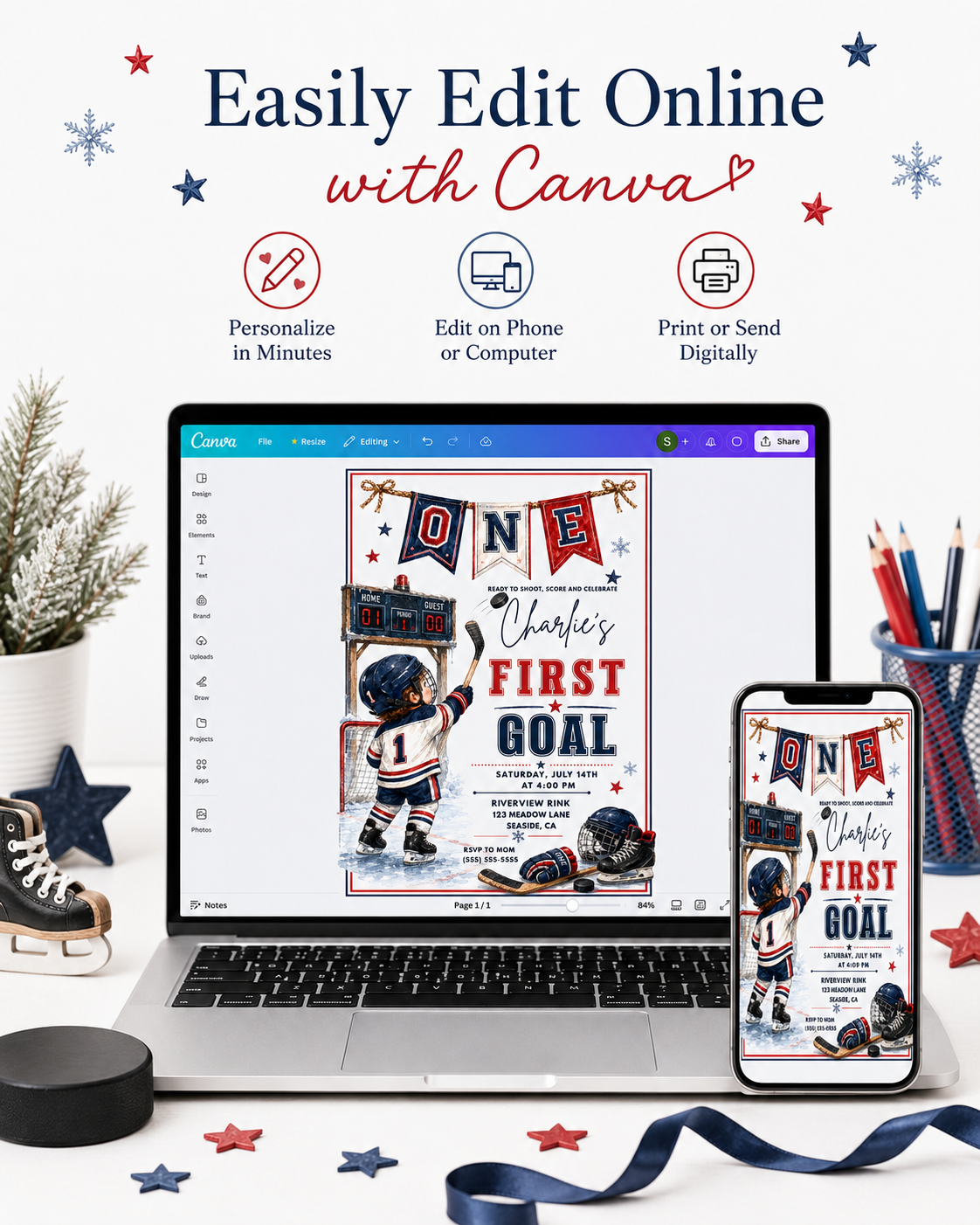 Hockey first birthday invitation with toddler hockey player, goal net, scoreboard, skates, puck, stick, helmet, gloves, snowflakes, and red navy sports details