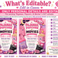 Pajama party movie night birthday invitation featuring pink pajamas, popcorn, slippers, sleep mask, movie ticket, clapperboard and cozy sleepover details.
