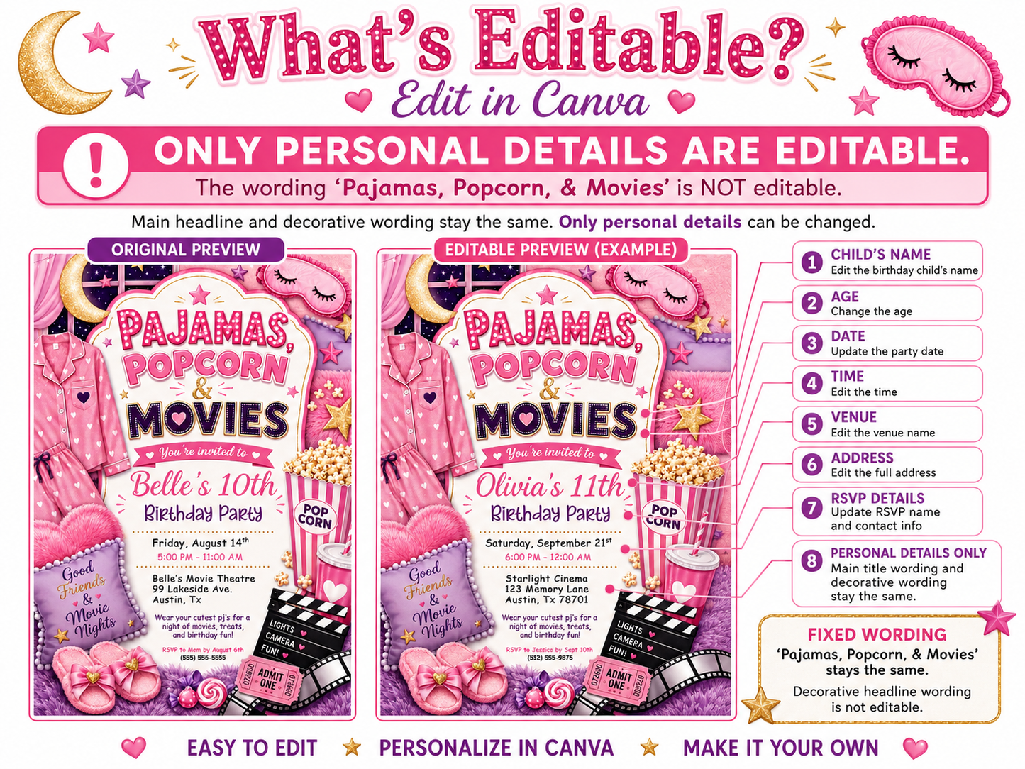 Pajama party movie night birthday invitation featuring pink pajamas, popcorn, slippers, sleep mask, movie ticket, clapperboard and cozy sleepover details.
