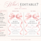 Editable pink bow baby shower invitation Canva template with oversized watercolour blush bow and flowing ribbon tails, bold spaced serif typography, and italic script on a soft blush background
