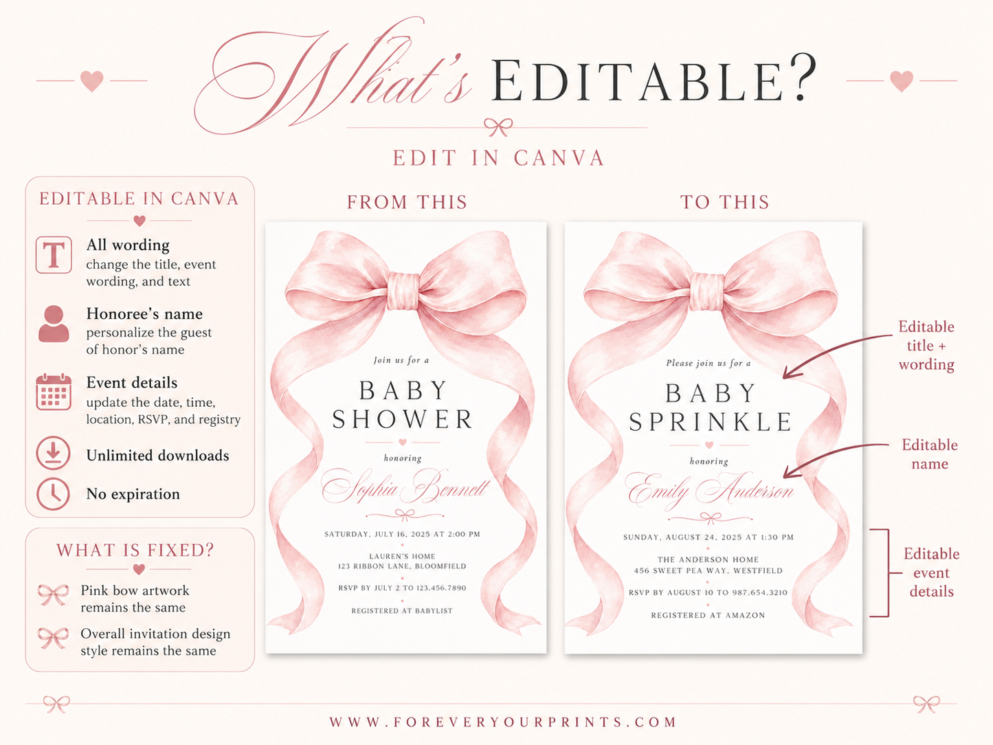 Editable pink bow baby shower invitation Canva template with oversized watercolour blush bow and flowing ribbon tails, bold spaced serif typography, and italic script on a soft blush background