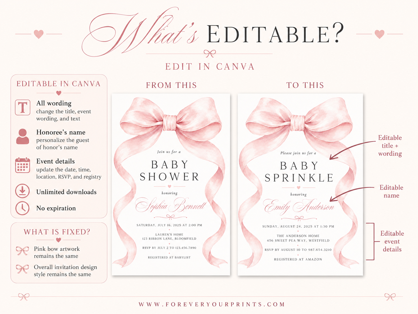 Editable pink bow baby shower invitation Canva template with oversized watercolour blush bow and flowing ribbon tails, bold spaced serif typography, and italic script on a soft blush background