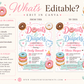Editable donuts and diapers baby shower invitation Canva template with illustrated donuts, diapers, baby bottle, wipes, hearts and sprinkles in pink, mint, and blue on a white background