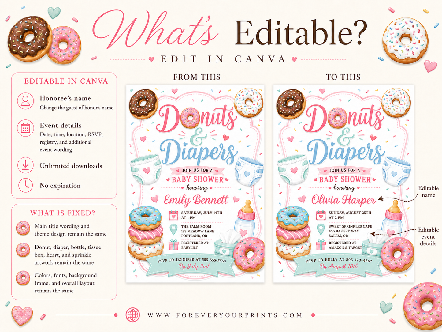 Editable donuts and diapers baby shower invitation Canva template with illustrated donuts, diapers, baby bottle, wipes, hearts and sprinkles in pink, mint, and blue on a white background