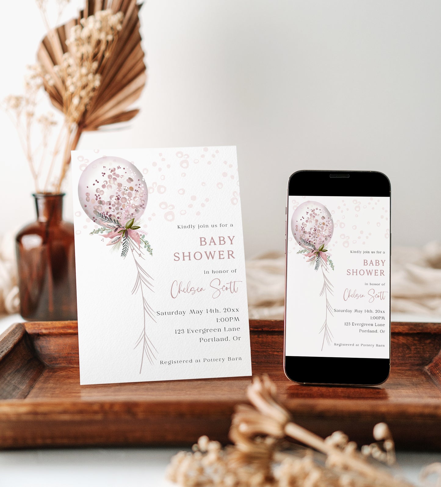 Editable baby shower invitation with pink balloon and floral greenery, personalized online with Corjl | www.foreveryourprints.com”