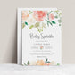 Editable peach floral baby sprinkle invitation template with watercolor roses and peonies in blush, peach, and cream, customizable in Canva