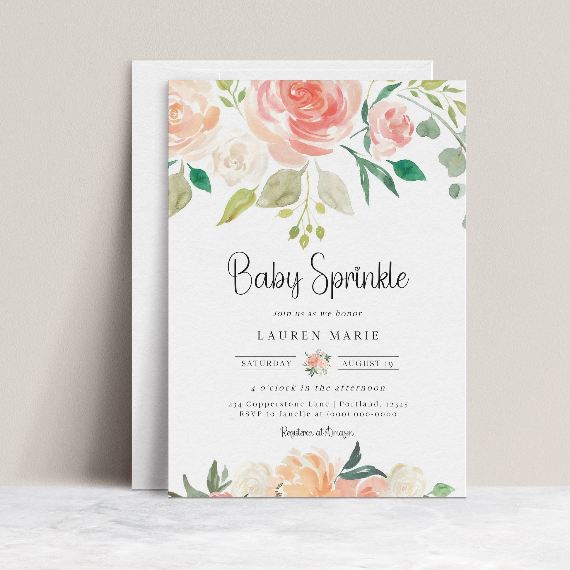 Editable peach floral baby sprinkle invitation template with watercolor roses and peonies in blush, peach, and cream, customizable in Canva
