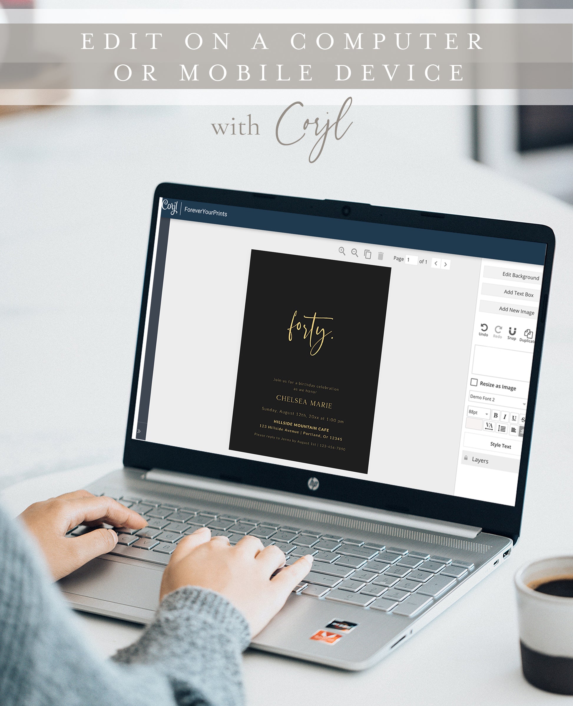 Editable 40th birthday invitation with black background and gold script, perfect for adult milestone events | www.foreveryourprints.com