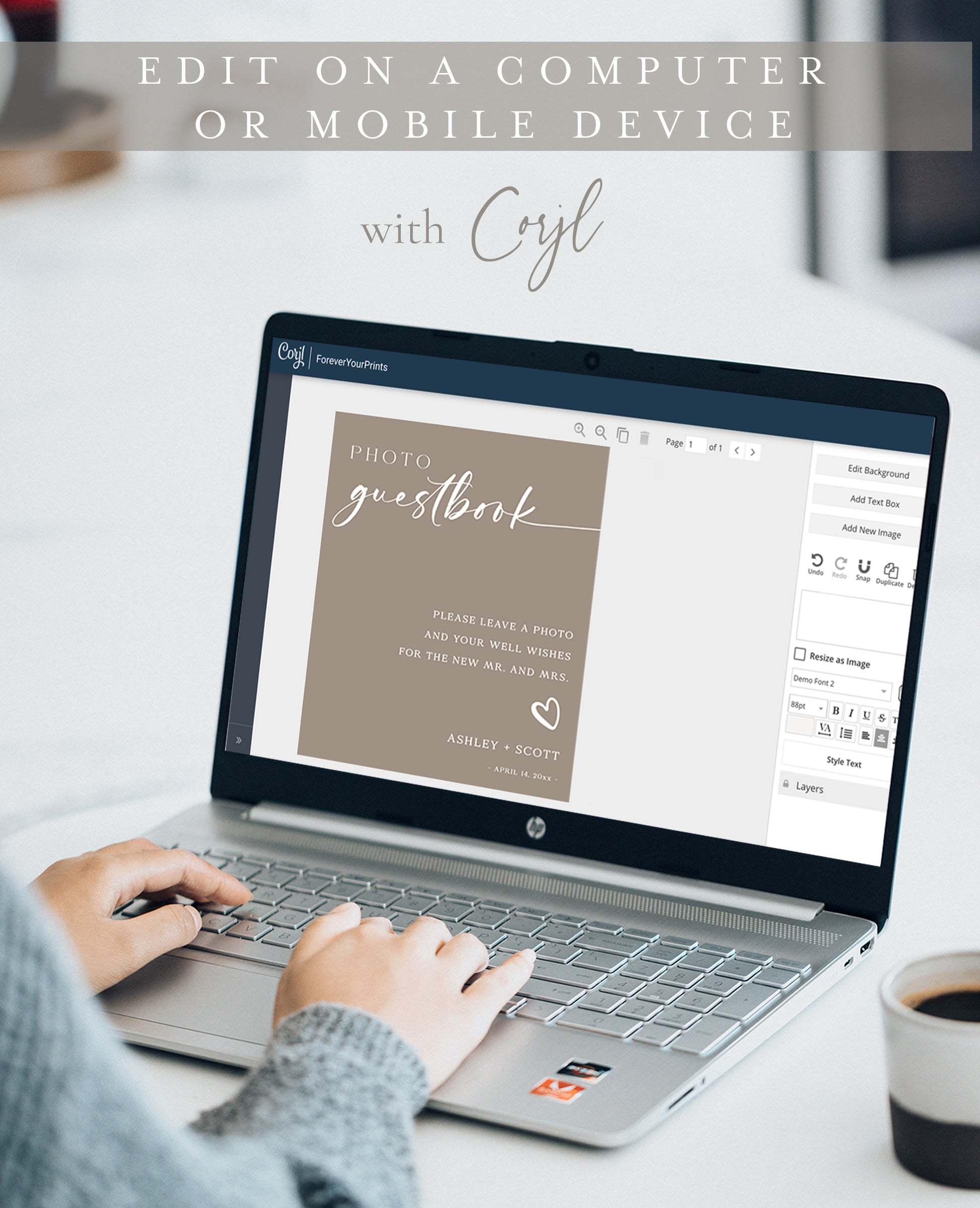 Photo guestbook sign with elegant white script on beige background, includes heart accent and space for couple’s names and date | Editable template via Corjl | www.foreveryourprints.com