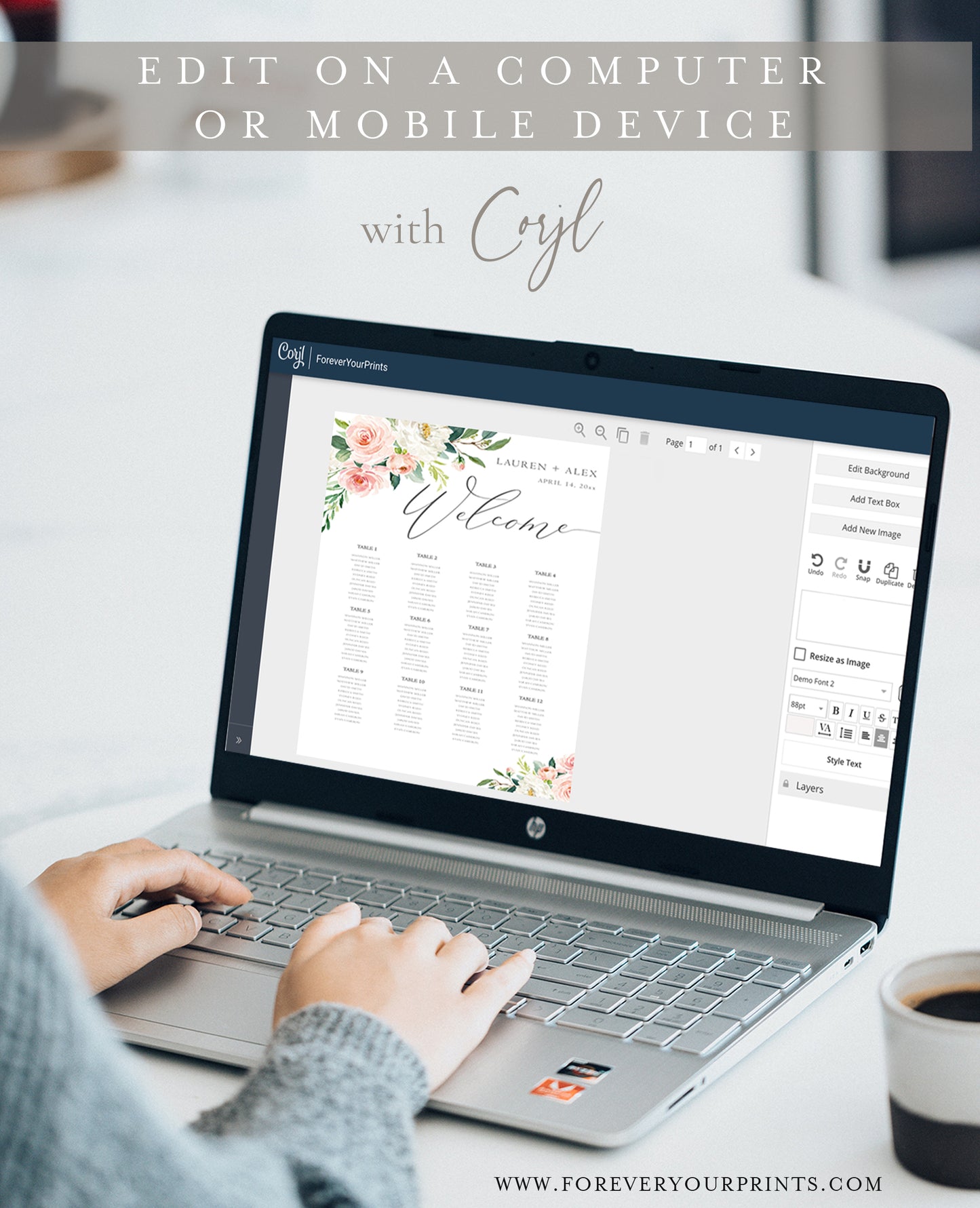 Editable wedding table seating sign with floral design, personalized using Corjl | www.foreveryourprints.com