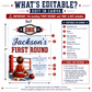 First Round first birthday invitation with championship belt, boxing ring ropes, red and blue stars, and little boxer artwork for a boxing birthday party