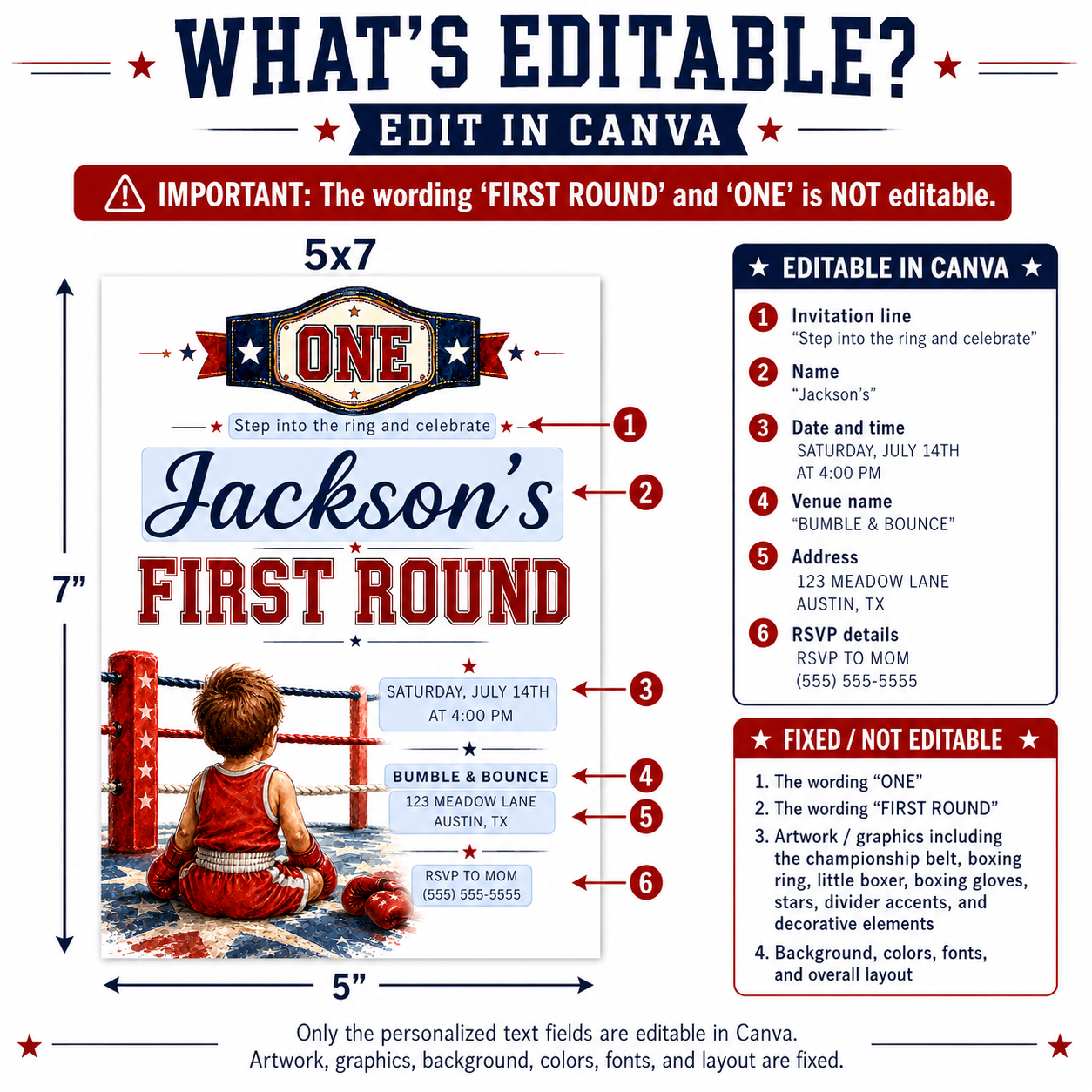 First Round first birthday invitation with championship belt, boxing ring ropes, red and blue stars, and little boxer artwork for a boxing birthday party