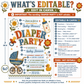 Diaper party baby shower invitation with retro stroller, baby bottle, pacifier, rubber duck, smiley flowers, and checkerboard baby boy shower details