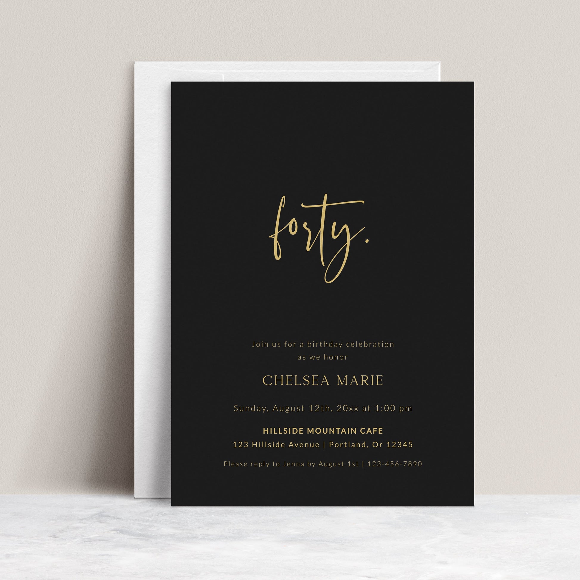 Editable 40th birthday invitation with black background and gold script, perfect for adult milestone events | www.foreveryourprints.com