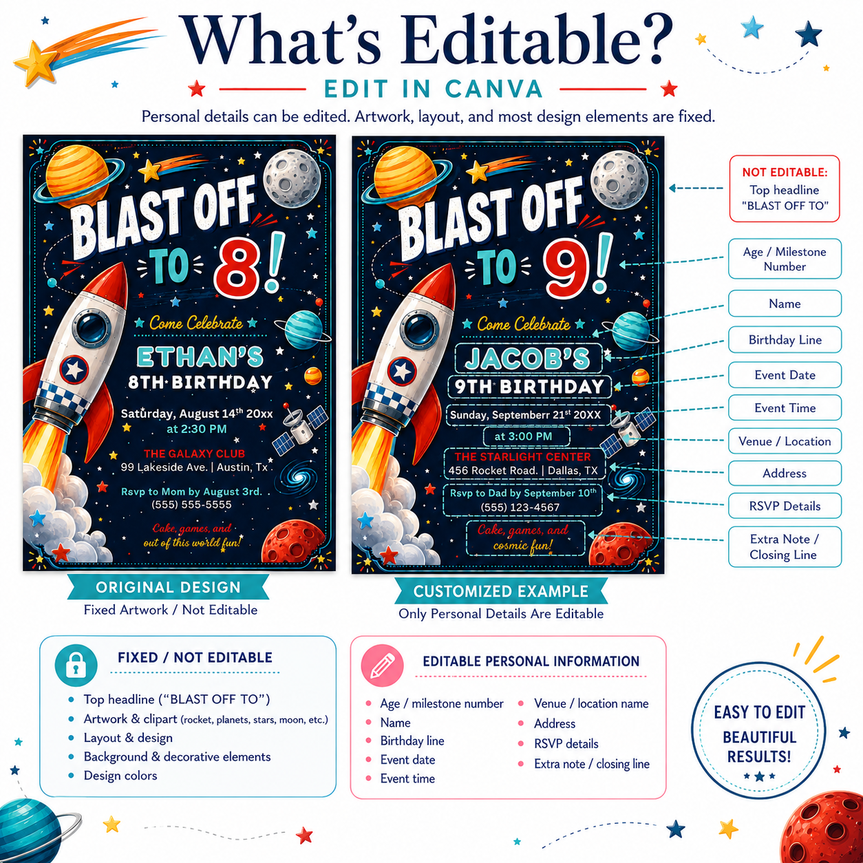 Space birthday party invitation with a rocket, planets, and stars on a navy galaxy background